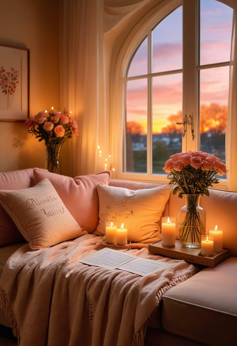 A warm, cozy couple sitting together on a plush sofa, radiating love and trust, surrounded by soft candlelight and romantic decor. Include a small table with a heartfelt love letter and a vase of fresh flowers. The background hints at a sunset through a window, symbolizing hope and connection. Heart-shaped motifs and gentle colors enhance the intimacy of the scene. super-realistic. warm tones. soft lighting.