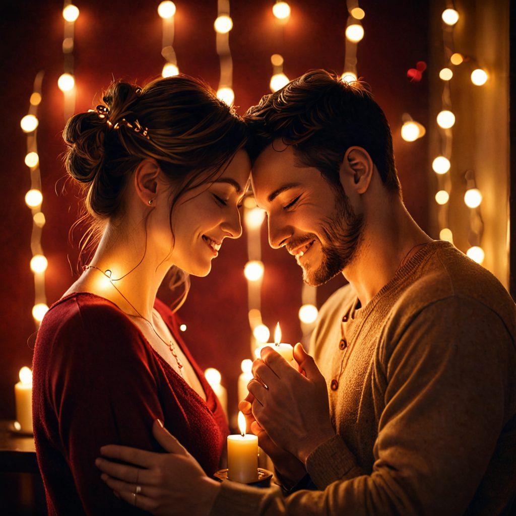 A warm embrace between a couple, surrounded by flickering candles and soft, glowing fairy lights, symbolizing intimacy and devotion. An inviting atmosphere with rich reds and warm golds, featuring elements of connection such as intertwined hands or shared laughter. Soft focus on the couple to evoke emotion, and subtle heart shapes in the background. romantic, intimate, super-realistic. vibrant colors. cozy ambiance.