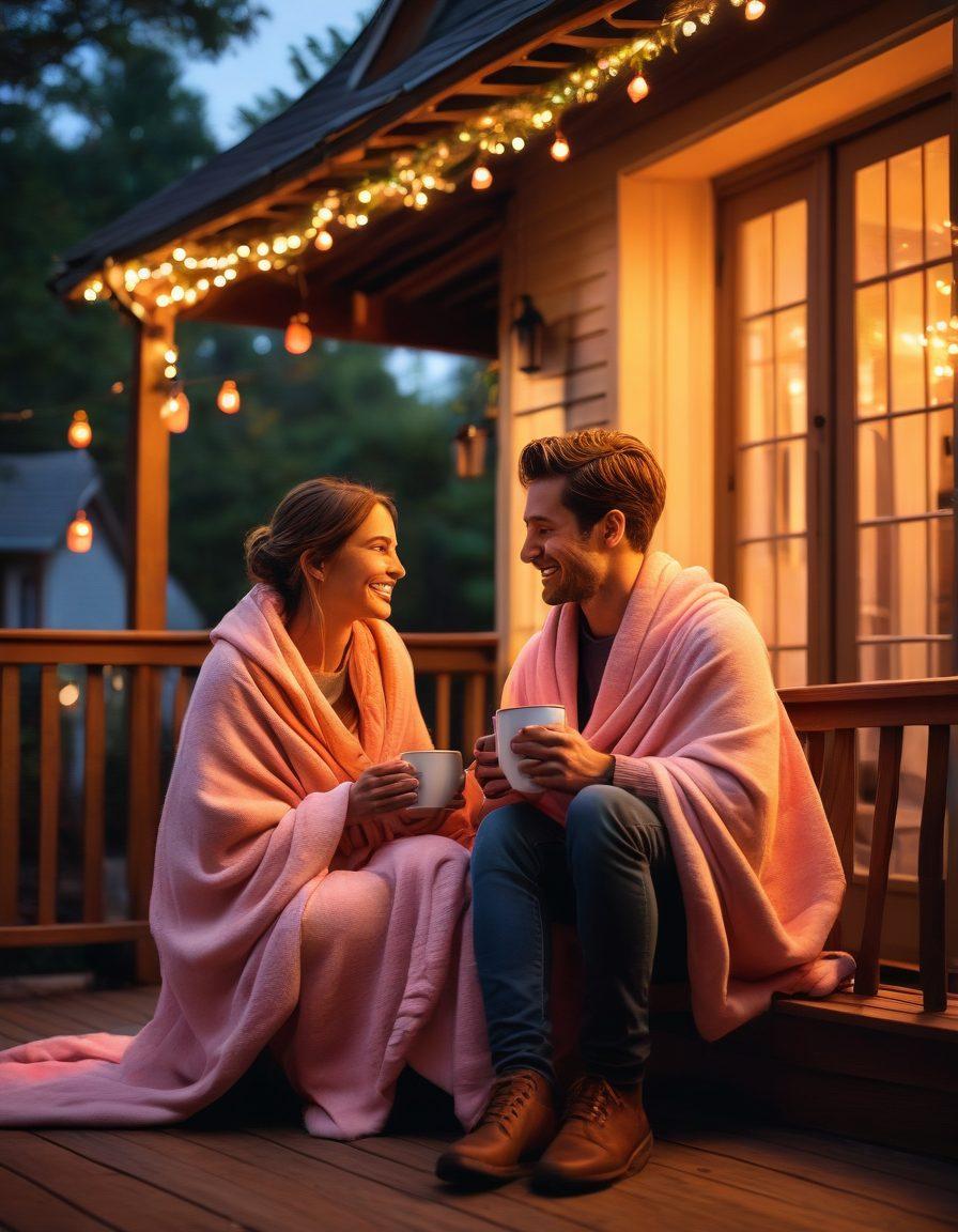A cozy, intimate scene of a couple sitting together on a porch, sharing a warm drink, surrounded by glowing lanterns and soft fairy lights. They are laughing and looking into each other's eyes, conveying warmth and connection. A backdrop of a serene sunset adds a romantic touch, with leaves gently rustling in the breeze. Emphasize warmth, love, and togetherness. super-realistic. vibrant colors. soft lighting.